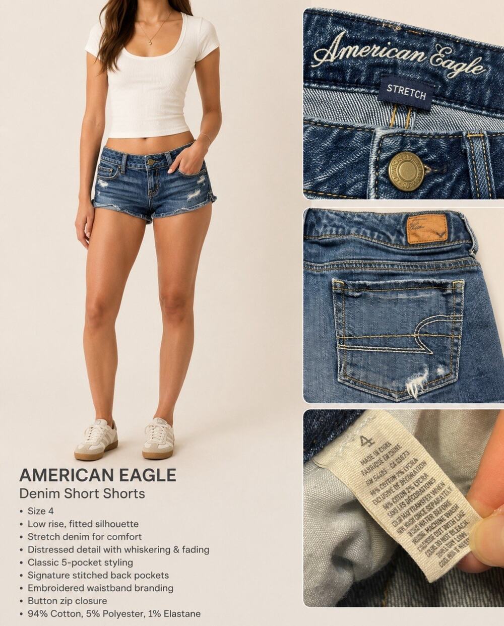 Y2K Indie Sleaze American Eagle Low Rise Micro Mini Denim Shorts Sz 4 Distressed